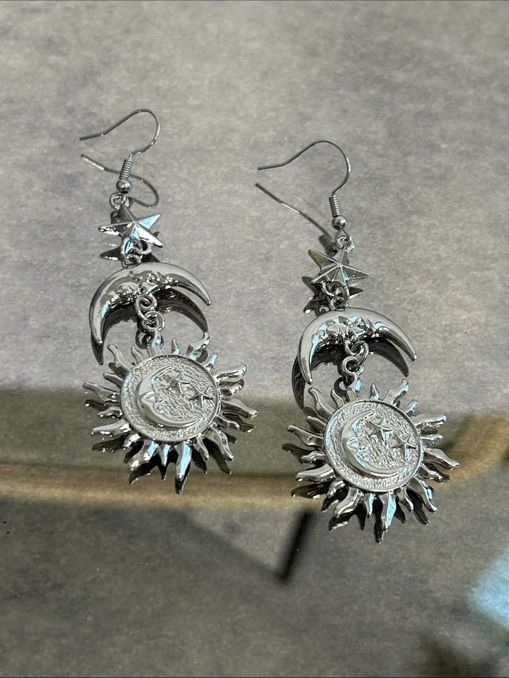 Whimsical Silver Sun and Crescent Moon Dangle Earrings - Women Jewelry